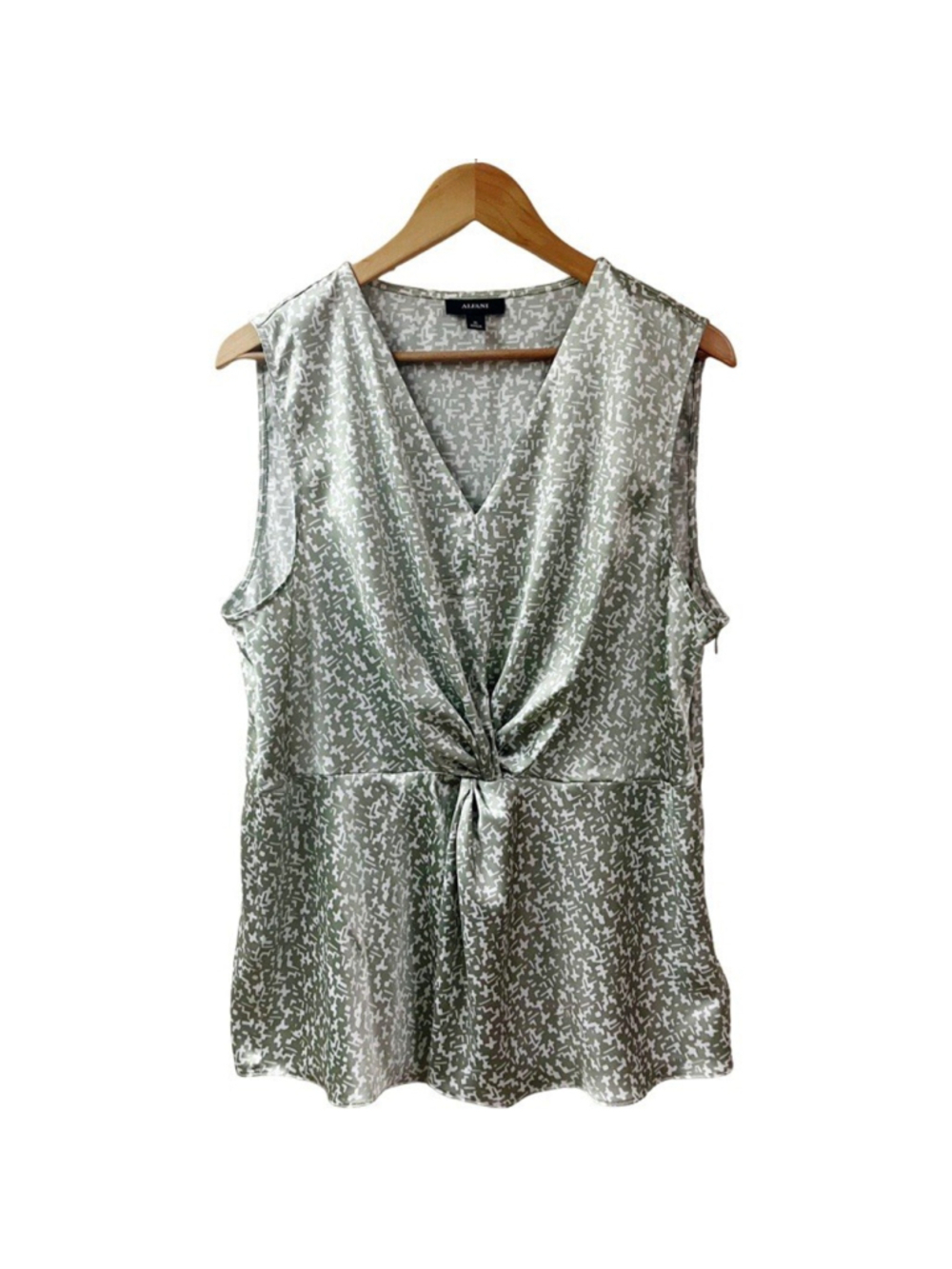 ALFANI Satin Twist Front Top X-Large Sage Green Abstract Office Chic Casual NEW
